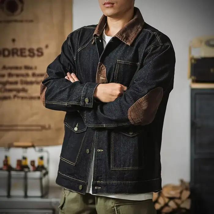 Vestes en denim vintage pour hommes, manteau en jean noir, vestes cargo épissées, vêtements d'extéri