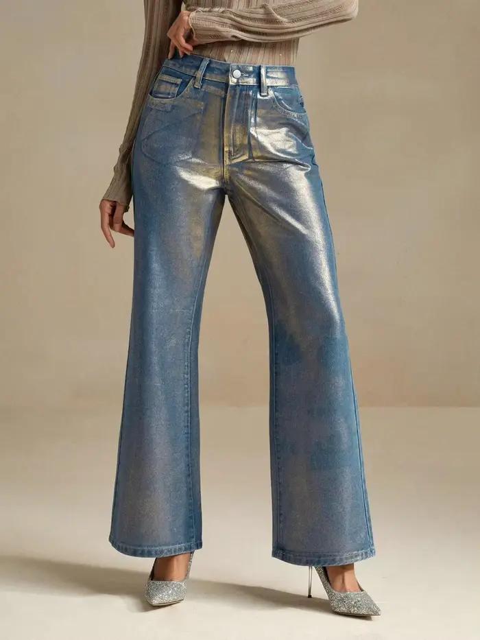 Jeans en denim vintage à taille haute, coupe slim, style tendance, vêtements décontractés pour femme
