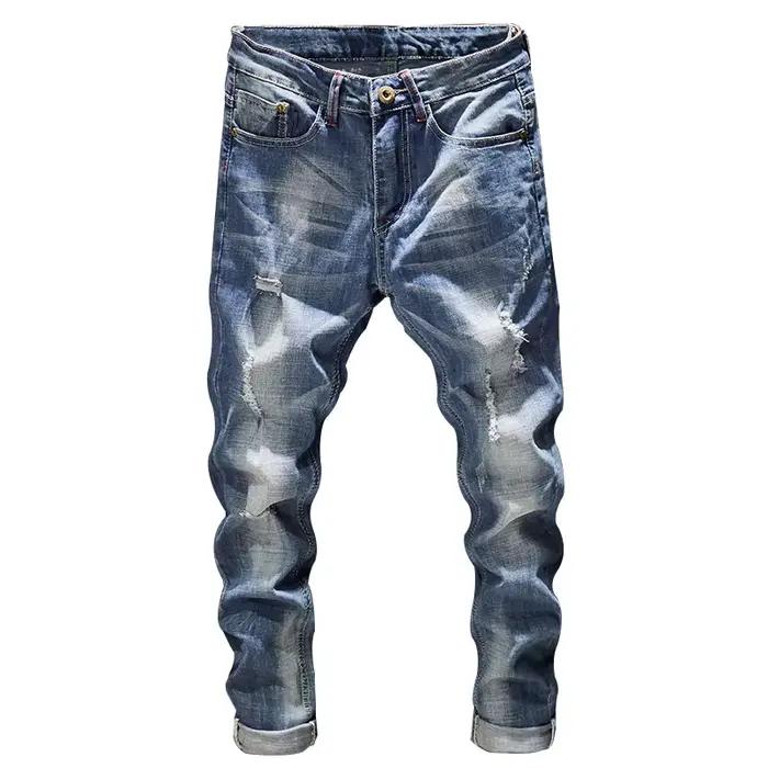 Jean Déchiré pour Homme, Slim Fit, Bleu Clair, Mode Streetwear, Effiloché, Hip Hop, DistMurcia, Déco