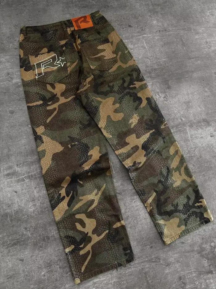 Jean en denim pour homme, coupe droite ample, imprimé camouflage python, effet enduit, style streetw