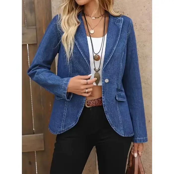 Blazer en jean pour femme grande taille, décontracté, à manches longues, col à revers, bouton unique