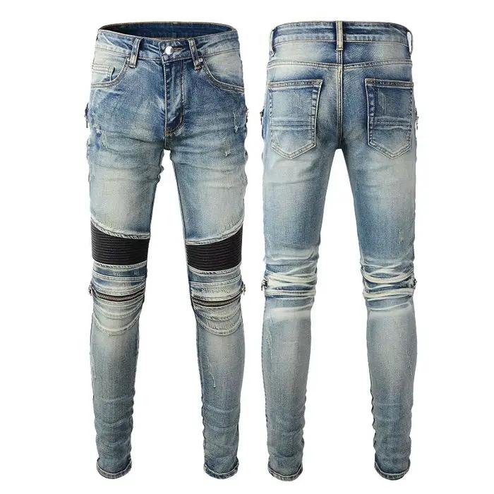 Jean homme en détresse moto couleur bleue avec nervures en cuir Patchwork fermetures éclair maigre d