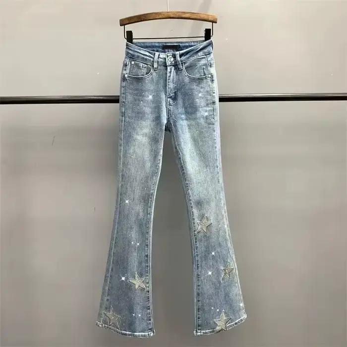 Nouveau jean en denim micro-déchiré brodé pentagramme pour femme, taille haute élastique, coupe slim