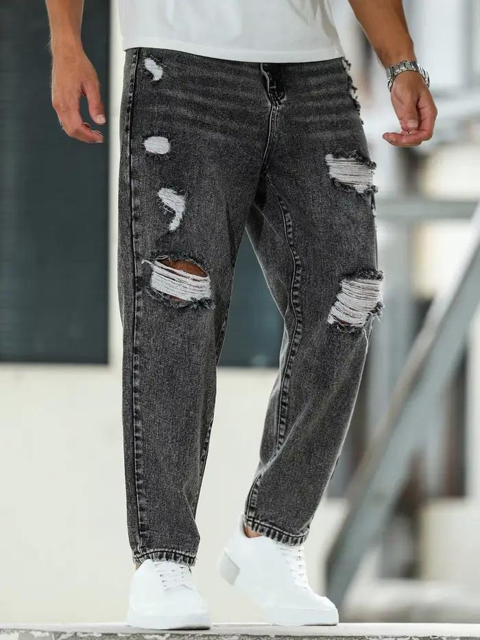 Jeans déchirés pour hommes pour le printemps et l'automne, pantalon harem gris foncé. Style urbain. 