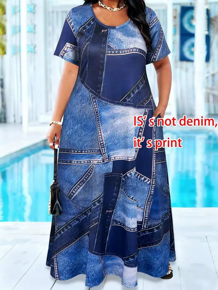 Robe longue décontractée d'été pour femme grande taille, imprimé denim, manches courtes, col rond, c
