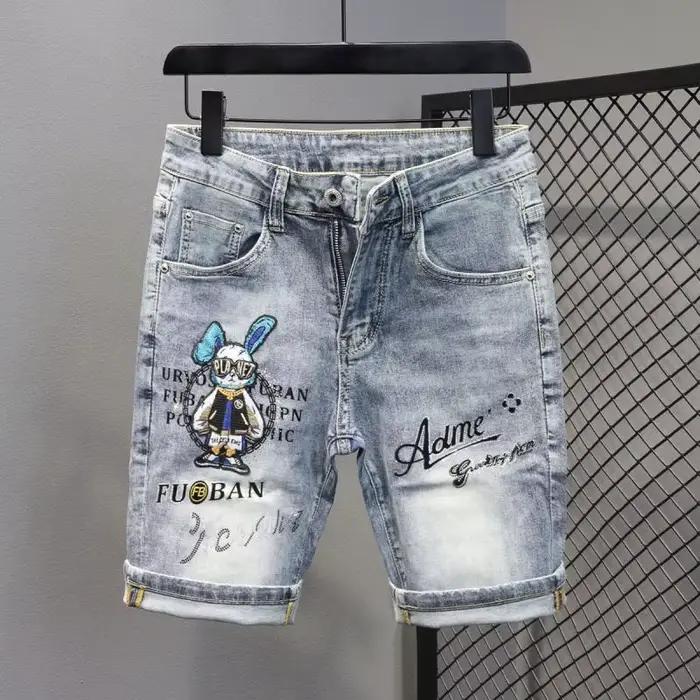 Kpop-Short en Jean pour Homme, Décontracté, Longueur aux Genoux, Mode Brodée Lapin Imprimé, Percé à 