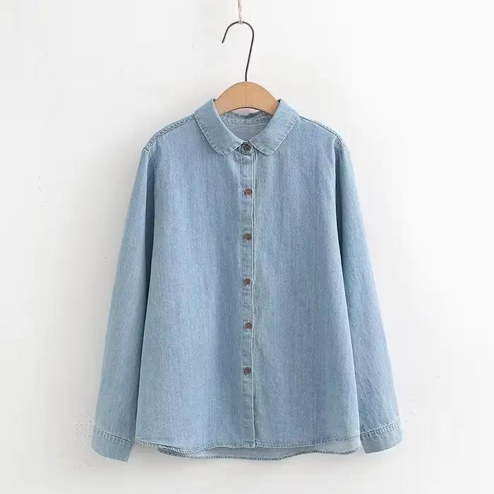 Chemisiers en denim bleu uni pour femmes, chemise de combat décontractée, chemise basique japonaise,
