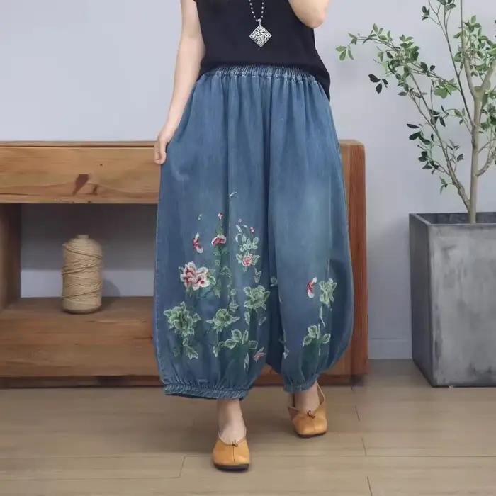 Pantalon bouffant brodé en Denim bleu pour femmes, taille élastique, ample, court et décontracté