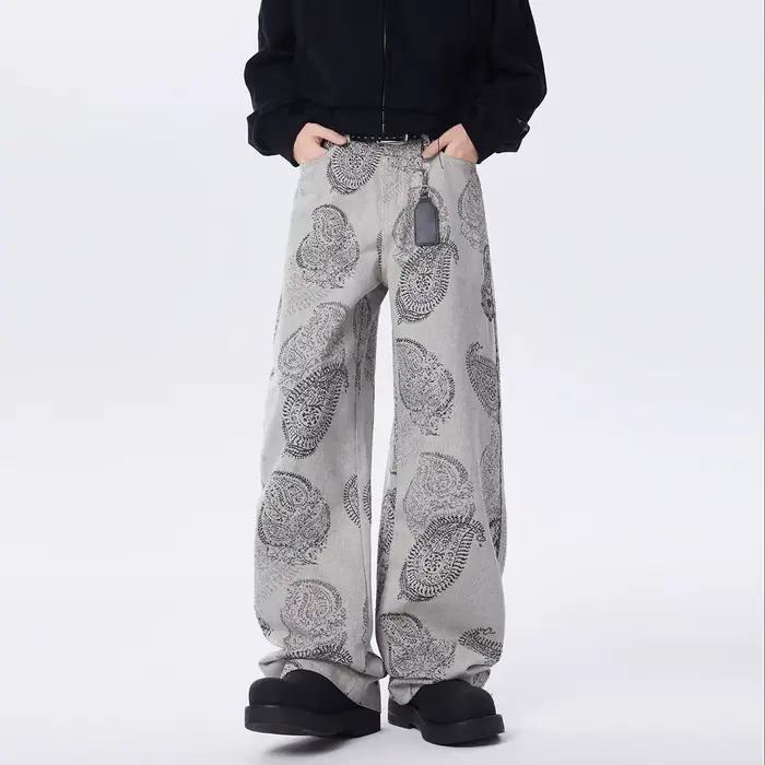 Jean américain imprimé en 3D pour hommes, pantalon en denim décontracté à jambes larges, côtelé, nou