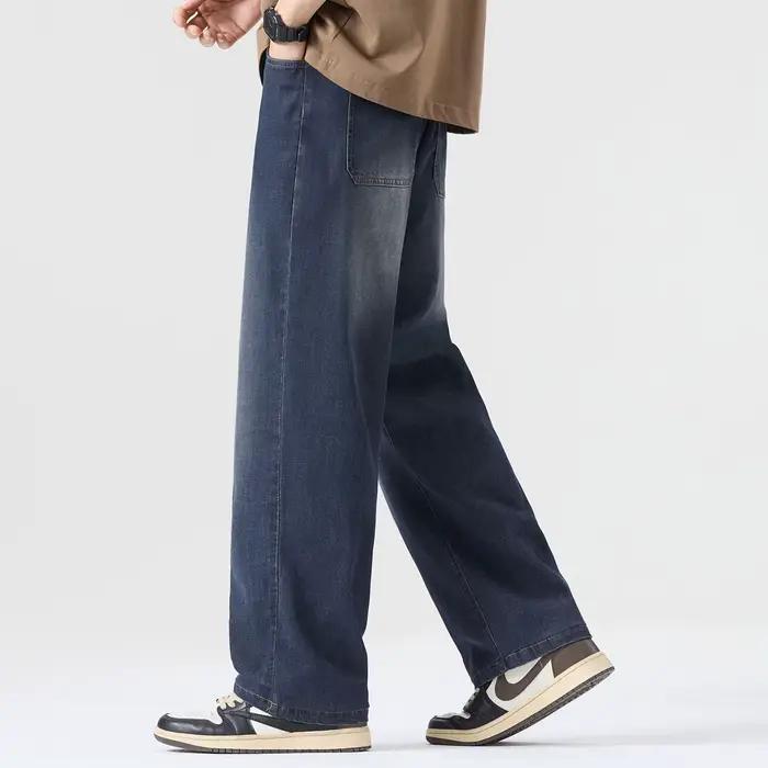 Pantalon en jean Tencel Lyocell pour homme, coupe droite ample, respirant, délavé, décontracté, long
