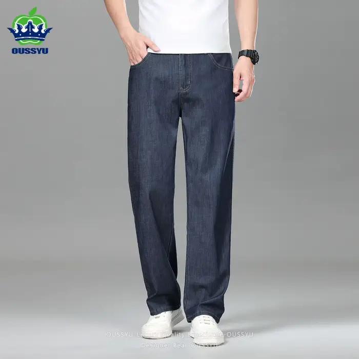 Jean droit ample pour homme de haute qualité, taille haute, en denim et tissu Lyocell, idéal pour le