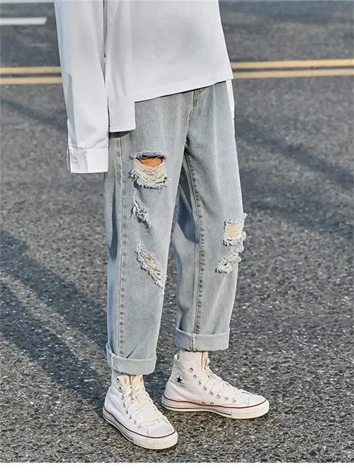Coréen déchiré hommes jambe large jean 2025 automne nouveau Streetwear droit Baggy Denim pantalon mâ