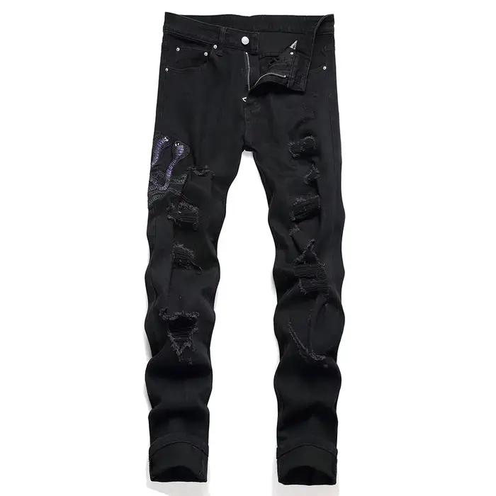 Jean brodé serpent pour hommes, Streetwear, pantalon en Denim extensible noir, trous déchirés, Slim,