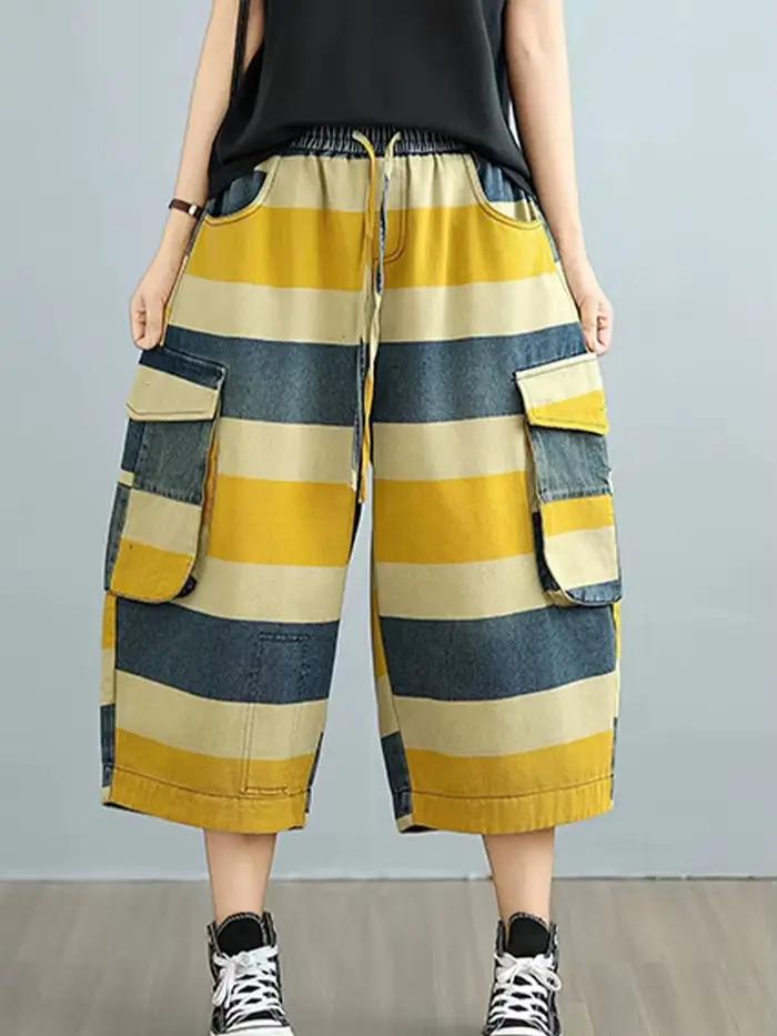 Amax LuluE 2025 été dames mode rayé jean bohême femmes Patchwork taille élastique Denim pantalon déc