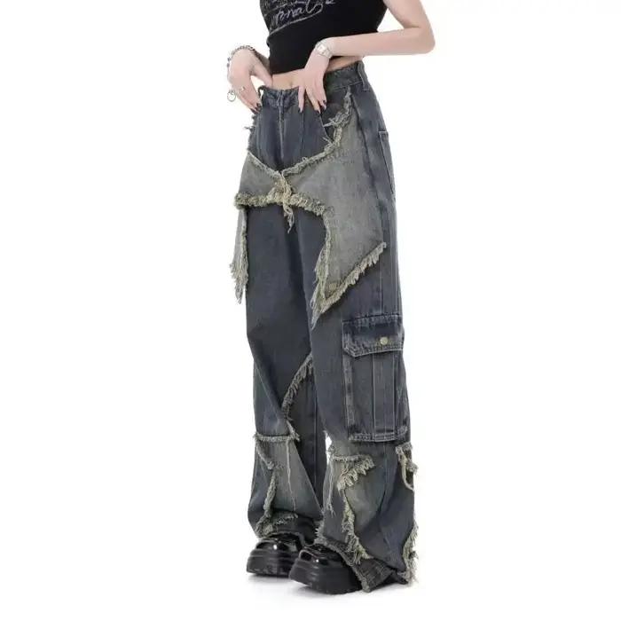 Gidyq-Jean vintage déchiré taille haute pour femme, pantalon à jambes larges, style américain décont