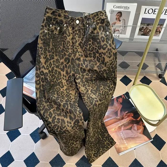 Jean Rétro Imprimé Léopard pour Femme, Pantalon en Denim, Taille Haute, Droit, Streetwear, Respzed, 