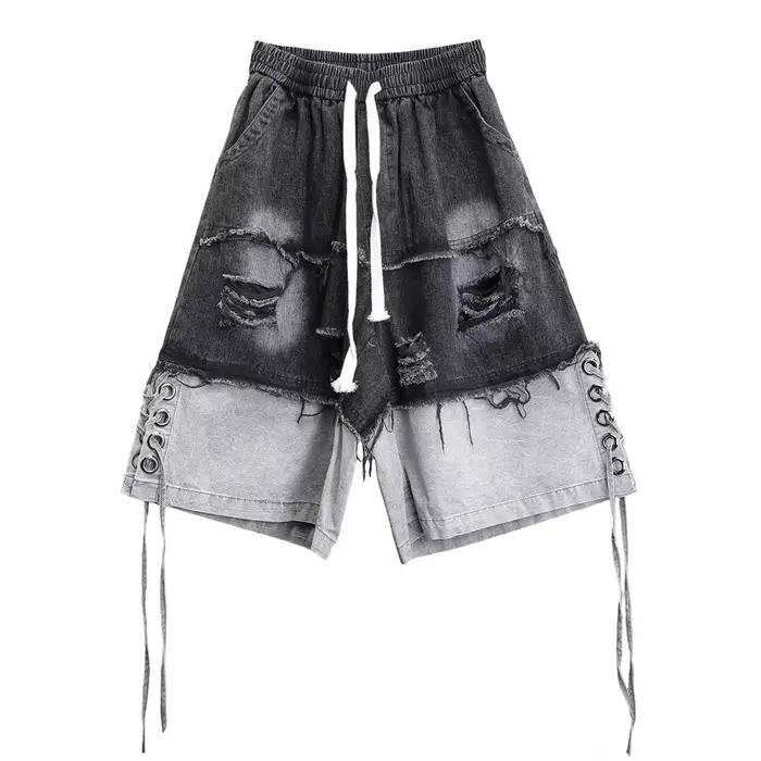 Shorts en jean vintage déchirés à bords bruts style punk pour homme, style techwear, faux deux pièce