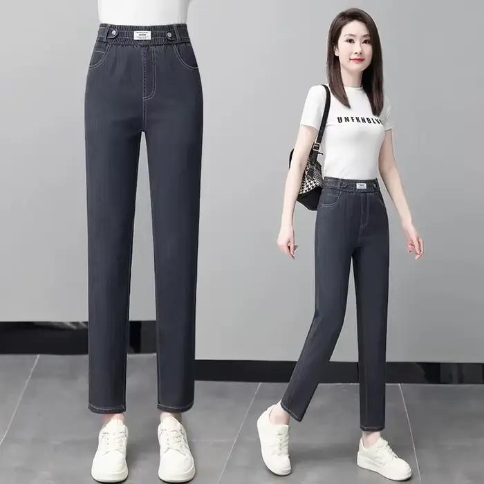 Jean en soie glacée pour femmes, pantalon d'été en Denim bleu fin, taille haute élastique, extensibl