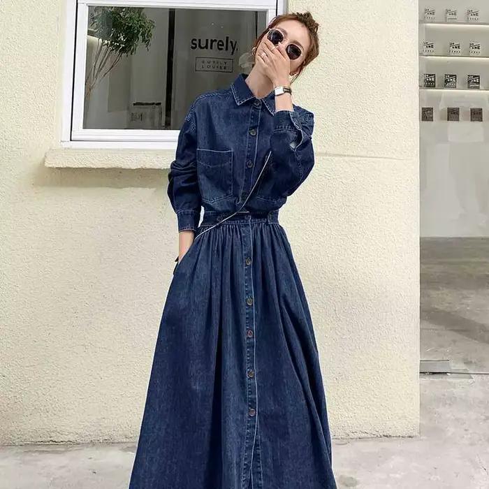 Robe en jean, nouvelle collection printemps, robe longue à coupe trapèze pour femme, à simple bouton