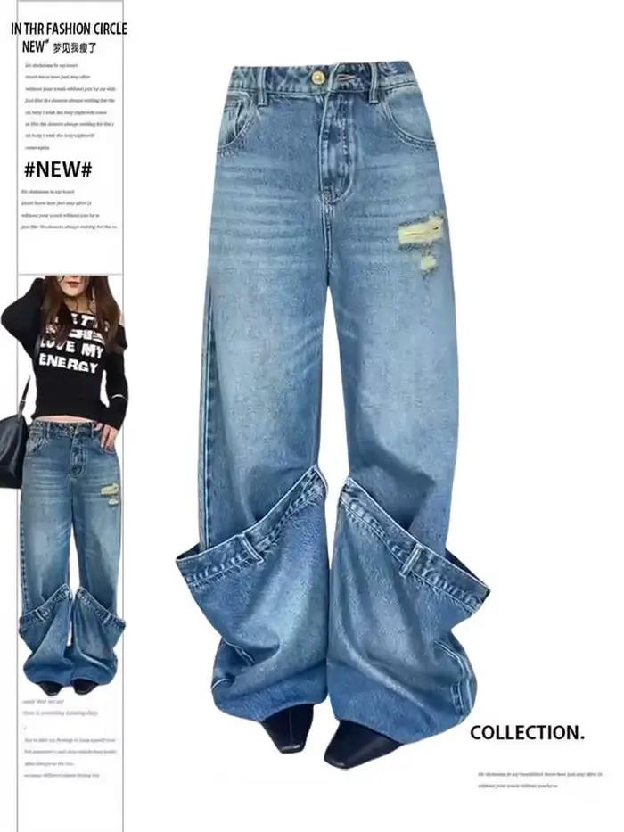 Jean Baggy déchiré bleu pour femmes, pantalon en Denim Harajuku Vintage Y2k, Style japonais des anné