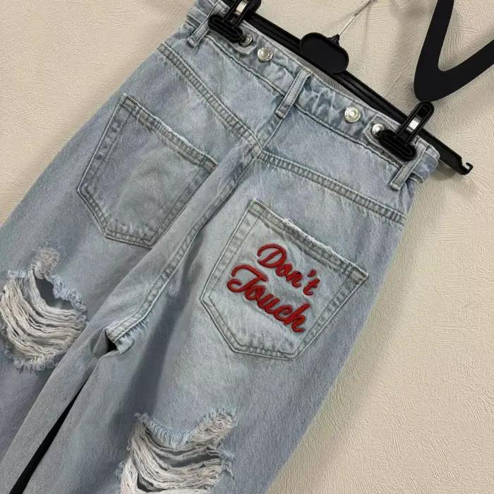 Jean déchiré taille haute Y2K pour femme, imprimé « What You Lookin At », bleu clair, coupe droite, 
