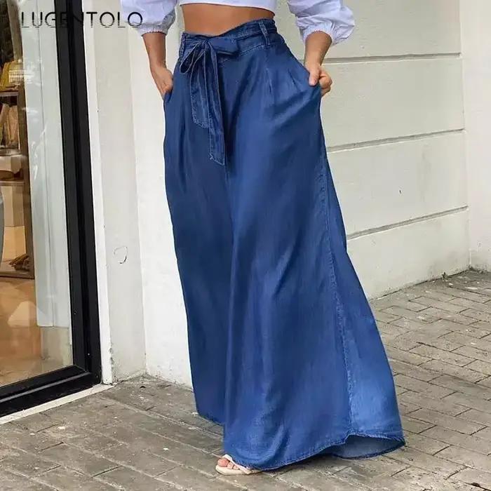 Jean en denim taille haute pour femme, pantalon à jambes larges, à lacets, monochromatique, élégant,