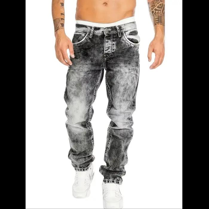 Jeans homme FY10024, taille standard, denim vintage délavé, style décontracté.