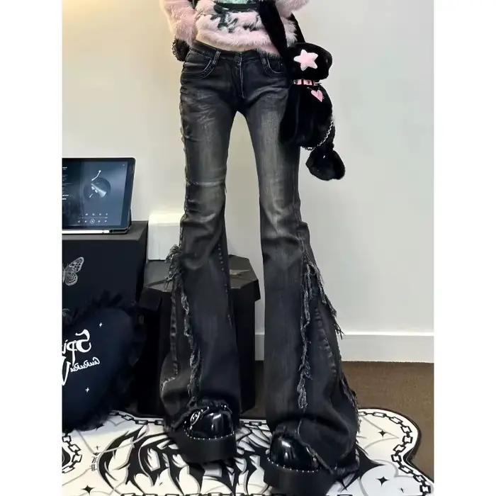 Jean en Denim à volants pour femmes, Style américain rétro, taille basse, haute élasticité, aminciss