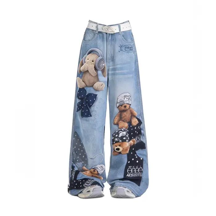 Jean large bleu Y2K pour femme, motif ours, imprimé graffiti, style vintage Harajuku, baggy, grunge,