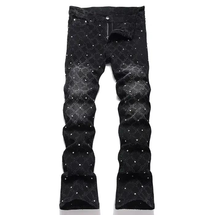 Nouveau Jean Bootcut Homme 2026 en Denim Extensible Noir Style Punk avec Rivets, Coupe Slim Évasée, 