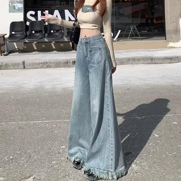 Jean à jambes larges pour enfants, taille haute, ample, Style rétro, jambe antiadhésive, pantalon de