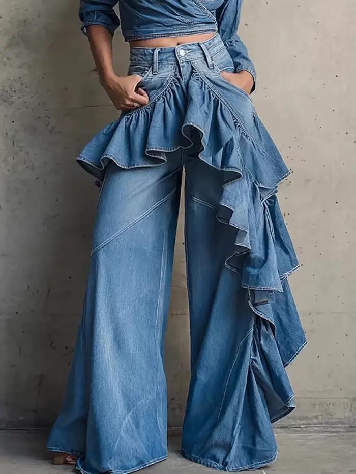 Jean large bleu à volants pour femme, taille haute, avec franges asymétriques, style streetwear chic