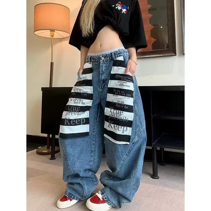 Jean baggy brodé bleu Y2K pour femme, style années 2000, pantalon boyfriend vintage Harajuku, denim 