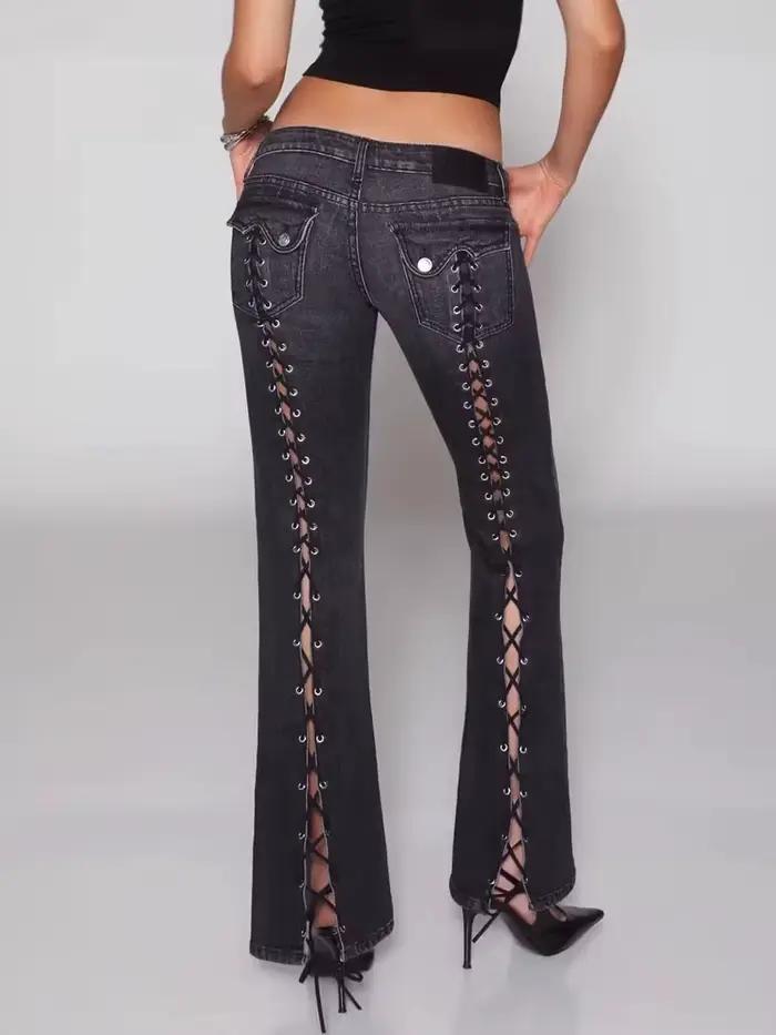 BKQU – jean gothique à lacets pour femmes, pantalon en Denim évasé à taille basse, style rétro améri