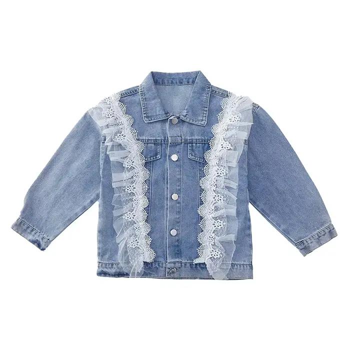 Veste en jean avec volants en dentelle pour filles, vestes d'extérieur pour enfants, mode printemps 