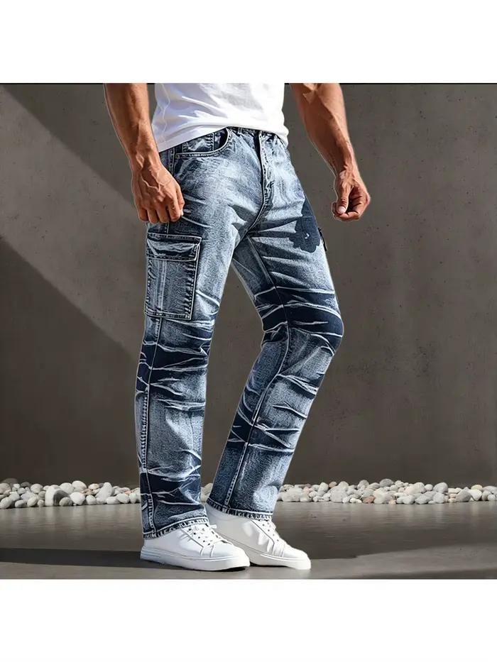 Jeans pour hommes, style décontracté américain, design multi-poches, pantalon droit simple et polyva