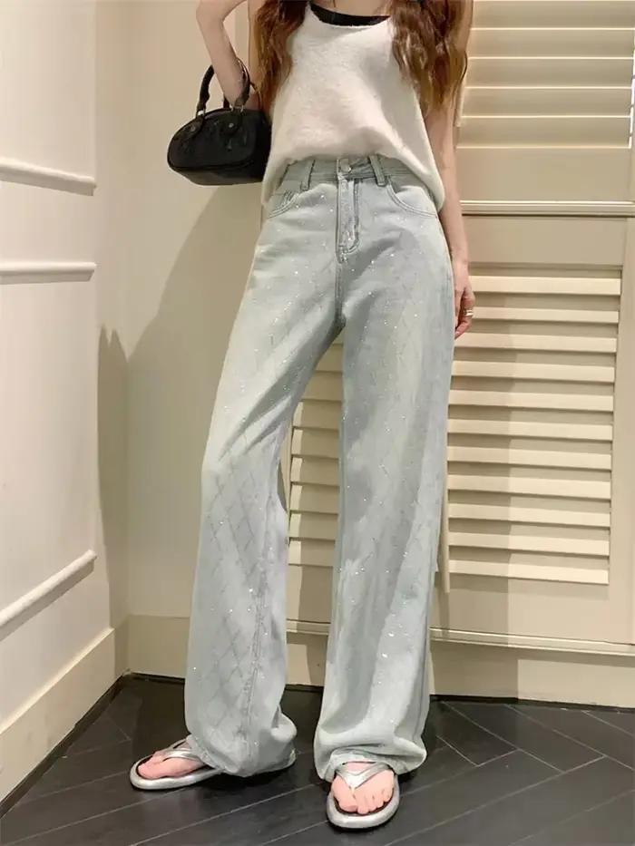 Jean Baggy bleu à carreaux pour femmes, pantalon de Cowboy Vintage Y2k, pantalon en Denim esthétique