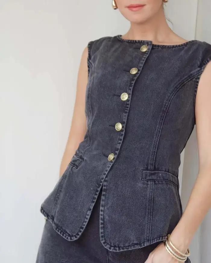 Ensemble gilet et jean sans manches, couleur unie, Style américain, mode, jambe droite, pantalon lar