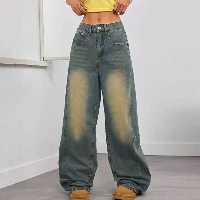 Jean rétro en détresse pour femme, pantalon taille haute, jambes larges, Baggy, traînant, Denim Chic