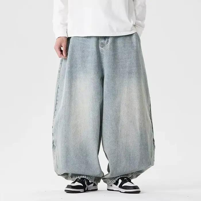 Pantalon en jean décontracté unisexe style japonais et hongkongais, coupe large, délavé, style rétro