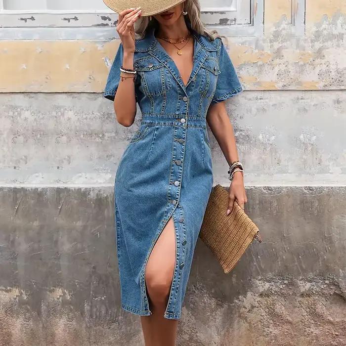 Benuynffy grande taille Vintage simple boutonnage lavé Denim robe femmes été col rabattu manches cou