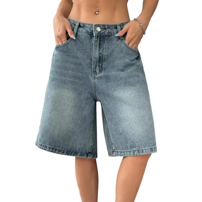 Shorts en jean décontractés pour femmes, taille haute, longueur genou, coupe ample, jorts amples, re