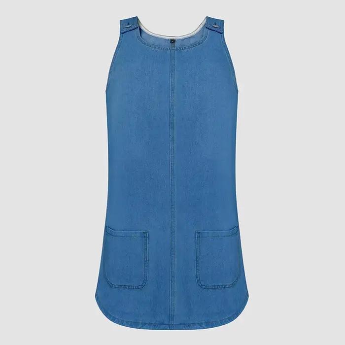 Robe en jean pour femme, style nuisette, sans manches, coupe trapèze, avec poches, délavée et effet 