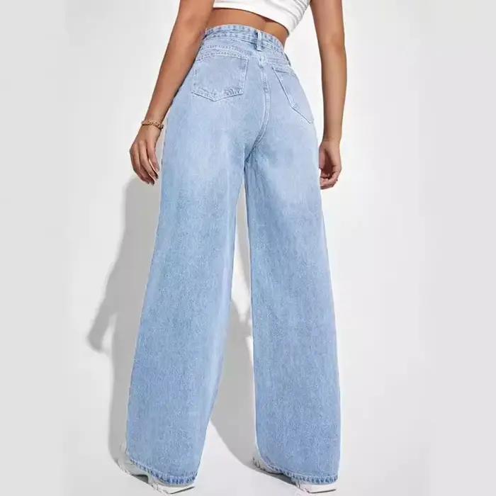 Lucyever-Pantalon en denim délavé bleu clair pour femme, jean droit taille haute, jambe large simple