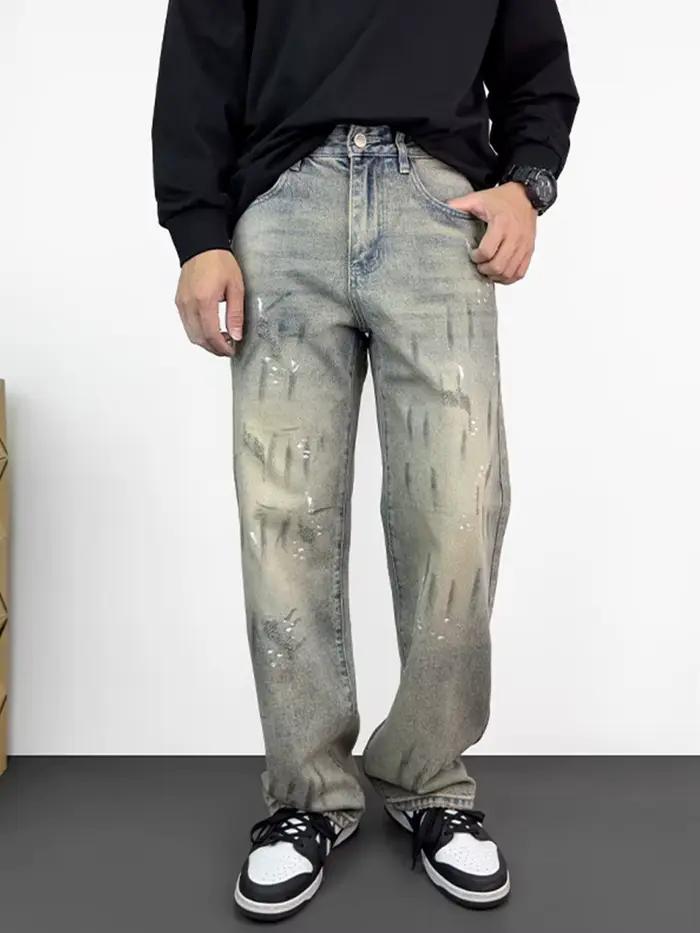Jean droit imprimé graffiti pour homme, style streetwear, déchiré, coupe ample, denim, nouvelle coll