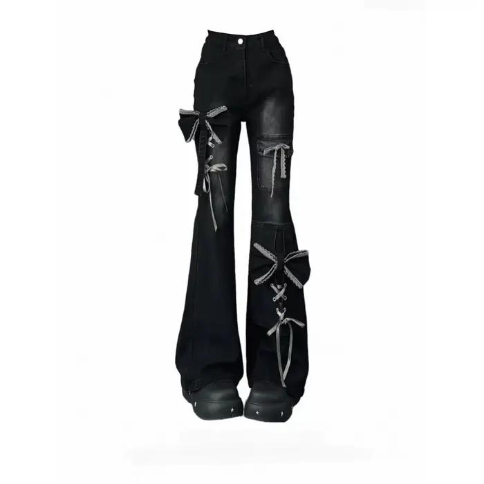 Jean évasé vintage gothique Y2K pour femme, style rétro américain, avec lacets, coupe slim, pantalon