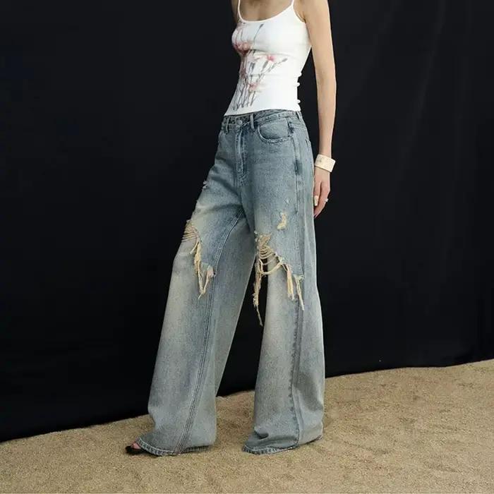 Nouveau Jean Femme 2026 Tendance Marque High Street Effet Usé Coupe Ample Décontractée Jambes Larges