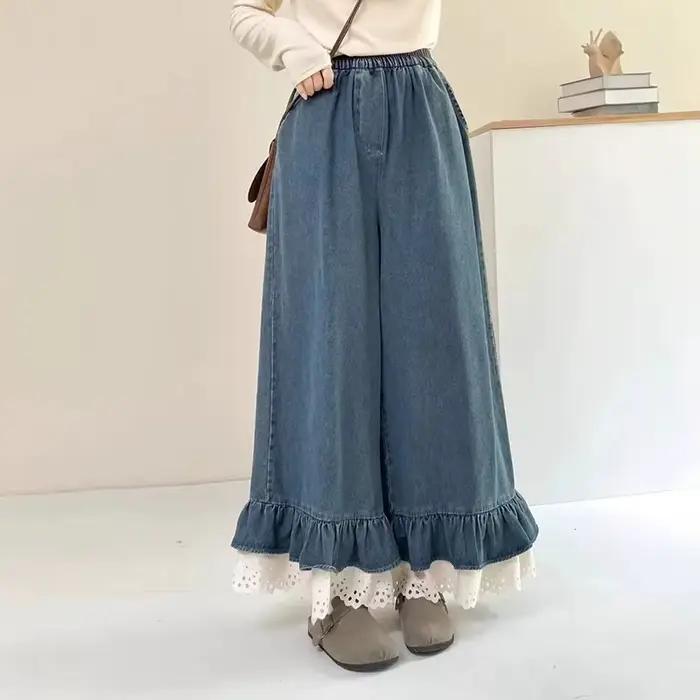 Dentelle Patchwork femmes jean automne surdimensionné doux ample décontracté volants Denim pantalon 