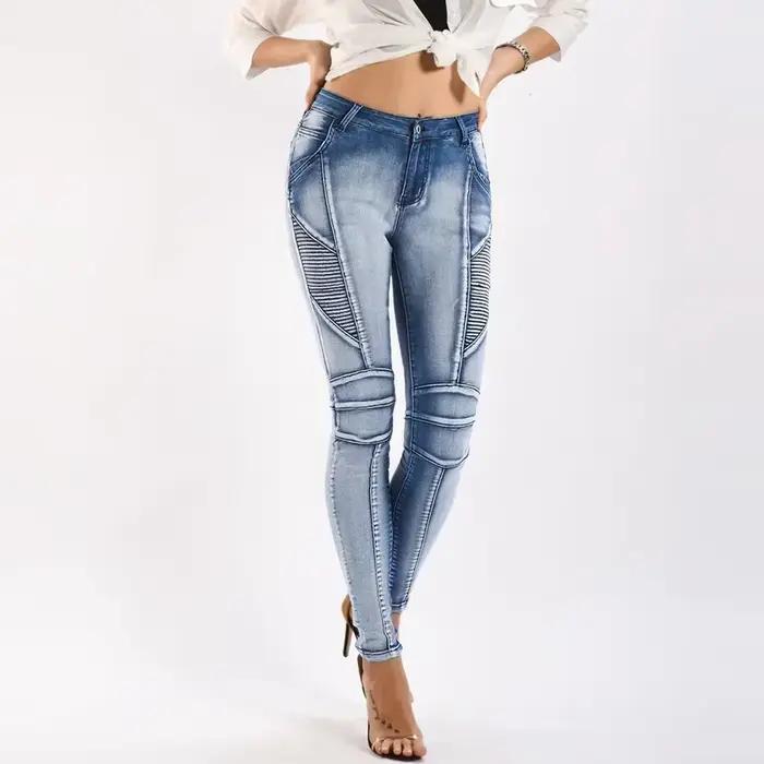 Jean Moto Biker pour Femme, Pantalon Crayon en Denim Extensible, Pantalon Push-Up Femme, Streetwear 