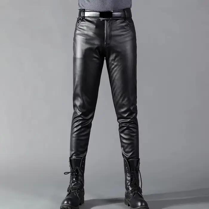 Pantalon en cuir pour homme, coupe ajustée, élastique, mode, pantalon en cuir PU, Look humide, exten